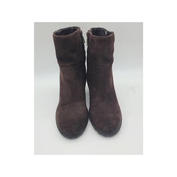 Sam Edelman Brown Suede & Leather Stacked 4" Heel Ankle Booties Lug Sole Sz 7.5 - Picture 3 of 10
